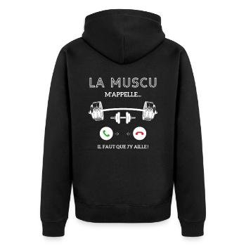 La muscu m’appelle, faut que j’y aille - Veste à capuche bio Premium Unisexe - noir - Dos - Nico (187cm)