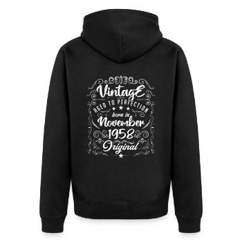 Vintage GEBOREN IM NOVEMBER 1958- Jubiläumsgeschenk. - Unisex Premium Bio Zip Hoodie - Schwarz - Hinten - Nico (187cm)