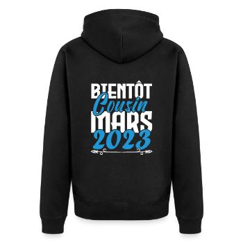 Cadeau Annonce grossesse bientôt Cousin Mars 2023. - Veste à capuche bio Premium Unisexe - noir - Dos - Nico (187cm)