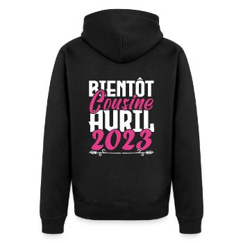 Annonce grossesse. bientôt Cousine Avril 2023. - Veste à capuche bio Premium Unisexe - noir - Dos - Nico (187cm)