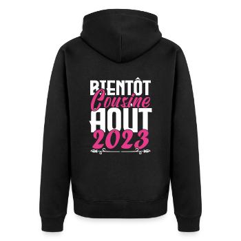 Cadeau Annonce grossesse bientôt Cousine Aout 2023 - Veste à capuche bio Premium Unisexe - noir - Dos - Nico (187cm)