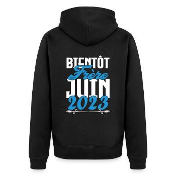 Cadeau Annonce grossesse. bientôt Frère Juin 2023. - Veste à capuche bio Premium Unisexe - noir - Dos - Nico (187cm)