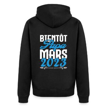 Cadeau Annonce grossesse. bientôt Papa Mars 2023. - Veste à capuche bio Premium Unisexe - noir - Dos - Nico (187cm)