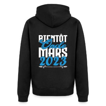 Cadeau Annonce grossesse. bientôt Oncle Mars 2023. - Veste à capuche bio Premium Unisexe - noir - Dos - Nico (187cm)