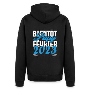 Cadeau Annonce grossesse bientôt Papy Février 2023 - Veste à capuche bio Premium Unisexe - noir - Dos - Nico (187cm)
