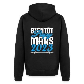 Cadeau Annonce grossesse. bientôt Papy Mars 2023. - Veste à capuche bio Premium Unisexe - noir - Dos - Nico (187cm)