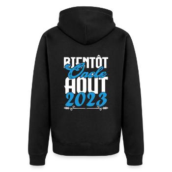 Cadeau Annonce grossesse. bientôt Oncle Aout 2023. - Veste à capuche bio Premium Unisexe - noir - Dos - Nico (187cm)