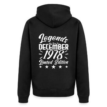 Jubiläumsgeschenk, Legenden werden im DEZEMBER 1978 geboren - Unisex Premium Bio Zip Hoodie - Schwarz - Hinten - Nico (187cm)