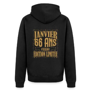 Janvier 66 ans. Cadeau 66 ans janvier anniversaire - Veste à capuche bio Premium Unisexe - noir - Dos - Nico (187cm)