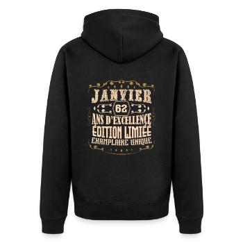 Vintage Janvier 62 ans. anniversaire janvier. - Veste à capuche bio Premium Unisexe - noir - Dos - Nico (187cm)