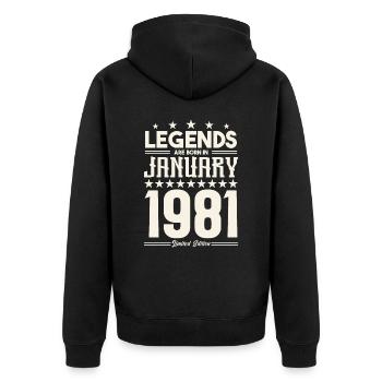 Geschenklegende Januar 1981. Geschenk Januar 1981. - Unisex Premium Bio Zip Hoodie - Schwarz - Hinten - Nico (187cm)