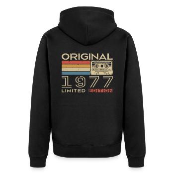 1977 Retro 1977 Geburtstagsgeschenk - Jahrgang 1977 - Unisex Premium Bio Zip Hoodie - Schwarz - Hinten - Nico (187cm)