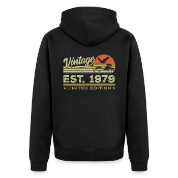 Jahrgang 1979 Genial seit 1979 Geschenk 1979 Retro - Unisex Premium Bio Zip Hoodie - Schwarz - Hinten - Nico (187cm)