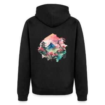 Paysage asiatique à l’aquarelle - Veste à capuche bio Premium Unisexe - noir - Dos - Nico (187cm)