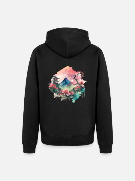 Asiatische Aquarelllandschaft - Unisex Premium Bio Zip Hoodie - Schwarz