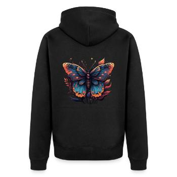 Lila Schmetterling - Unisex Premium Bio Zip Hoodie - Schwarz - Hinten - Nico (187cm)