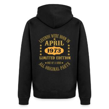 April né en 1973 Anniversaire des légendes - Veste à capuche bio Premium Unisexe - noir - Dos - Nico (187cm)