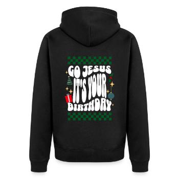 Go Jesus It's Your Birthday - Xmas Ugly Christmas - Unisex Premium Bio Zip Hoodie - Schwarz - Hinten - Nico (187cm)