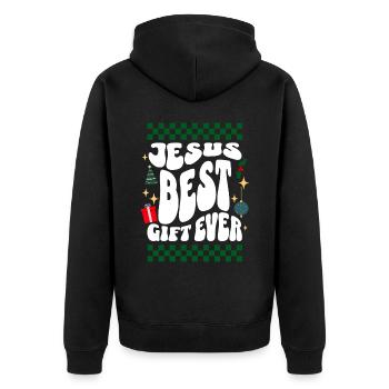 Jesus Best Gift Ever - Christians Retro Ugly Xmas - Unisex Premium Bio Zip Hoodie - Schwarz - Hinten - Nico (187cm)