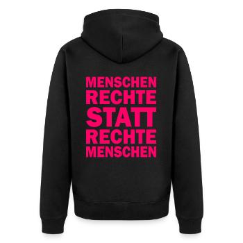 menschenrechte statt rechte menschen - Unisex Premium Bio Zip Hoodie - Schwarz - Hinten - Nico (187cm)