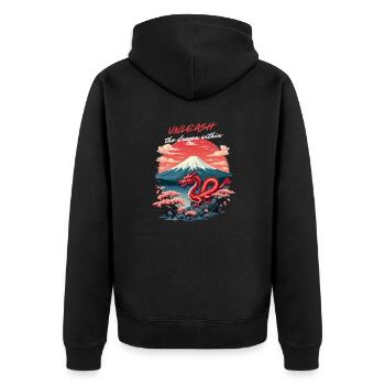 Japanischer Drache am Mount Fuji mit Kirschblüten - Unisex Premium Bio Zip Hoodie - Schwarz - Hinten - Nico (187cm)