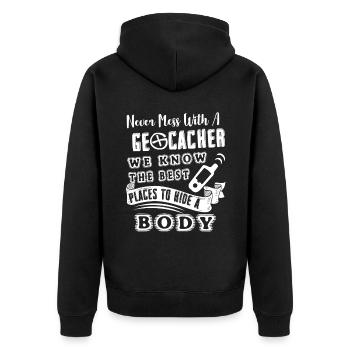 Geocaching Never Mess With Geocacher - Unisex Premium Organic Zip Hoodie - black - Back - Nico (187cm)