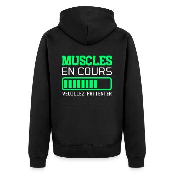 MUSCLES EN COURS idée cadeau humour - Veste à capuche bio Premium Unisexe - noir - Dos - Nico (187cm)