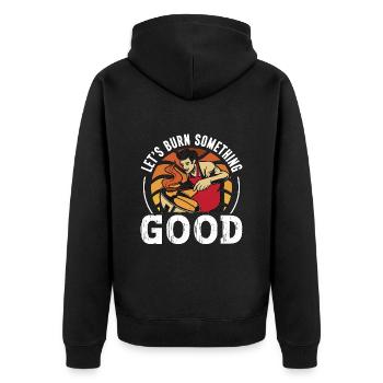 Pulled Pork BBQ Let's Burn Something Barbecue - Unisex Premium Bio Zip Hoodie - Schwarz - Hinten - Nico (187cm)