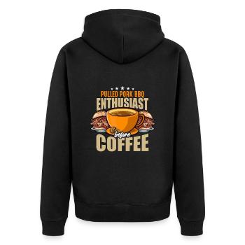 Pulled Pork BBQ Enthusiast Before BBQ Coffee Lover - Unisex Premium Bio Zip Hoodie - Schwarz - Hinten - Nico (187cm)