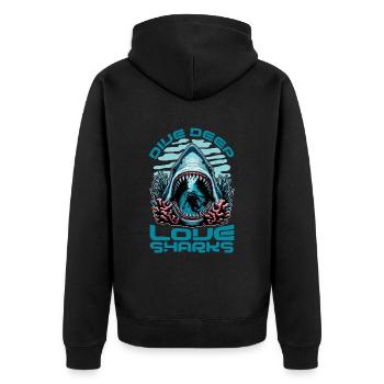 Shark Enthusiast Dive Deep Love Shark Marine Life - Unisex Premium Bio Zip Hoodie - Schwarz - Hinten - Nico (187cm)