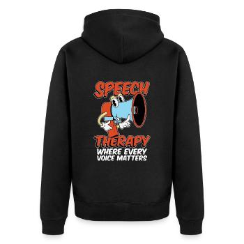 Speech Therapy Where Every Voice Physiotherapy - Unisex Premium Bio Zip Hoodie - Schwarz - Hinten - Nico (187cm)