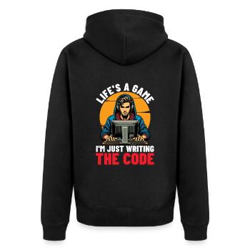 Coder Life's A Game I'm Just Web Developer Coders - Unisex Premium Organic Zip Hoodie - black - Back - Nico (187cm)