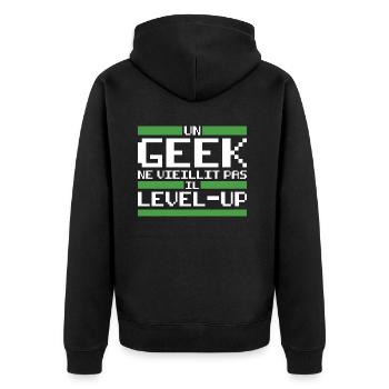 Un geek ne vieillit pas il level up - Veste à capuche bio Premium Unisexe - noir - Dos - Nico (187cm)