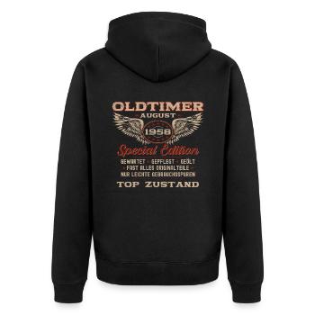 Oldtimer August 1958 Jahrgang 1958 66. Geburtstag - Unisex Premium Bio Zip Hoodie - Schwarz - Hinten - Nico (187cm)