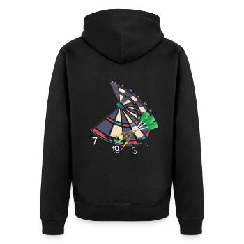 Dartscheibe mit Pfeilen, im Vintage Polygon Design - Unisex Premium Bio Zip Hoodie - Schwarz - Hinten - Nico (187cm)