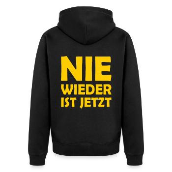 Nie wieder ist jetzt - Unisex Premium Bio Zip Hoodie - Schwarz - Hinten - Nico (187cm)