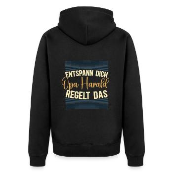 Entspann dich Opa Harald regelt das - Unisex Premium Bio Zip Hoodie - Schwarz - Hinten - Nico (187cm)