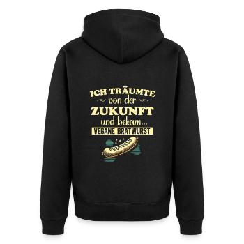 Vegane Bratwurst - Unisex Premium Bio Zip Hoodie - Schwarz - Hinten - Nico (187cm)