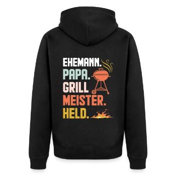Ehemann Papa Grillmeister Held Retro - Unisex Premium Bio Zip Hoodie - Schwarz - Hinten - Nico (187cm)