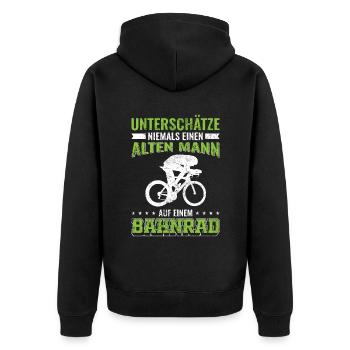 Bahnrad Mann Männer Sport | Bahnrad Bahnradsport - Unisex Premium Bio Zip Hoodie - Schwarz - Hinten - Nico (187cm)
