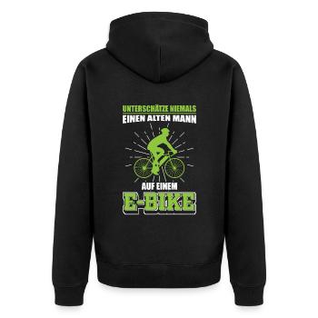 E Bikes | Altes Männer E-Bike Geschenk - Unisex Premium Bio Zip Hoodie - Schwarz - Hinten - Nico (187cm)