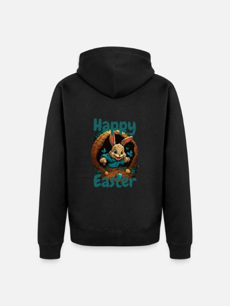 szczęśliwego Zajączka wielkanocnego w koszyku wielkanocnym Zajączek wielkanocny - Ekologiczna rozpinana bluza z kapturem Premium unisex - czarny