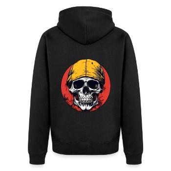 Skull with yellow headscarf on red color wheel - Unisex Premium Organic Zip Hoodie - black - Back - Nico (187cm)