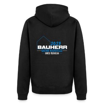Bauherr meine Baustelle Ihre Regeln 2023 - Unisex Premium Bio Zip Hoodie - Schwarz - Hinten - Nico (187cm)