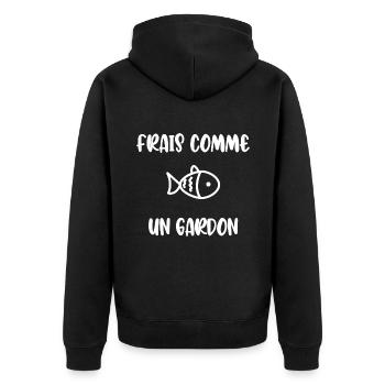 Frisch wie eine Kakerlake - Unisex Premium Bio Zip Hoodie - Schwarz - Hinten - Nico (187cm)