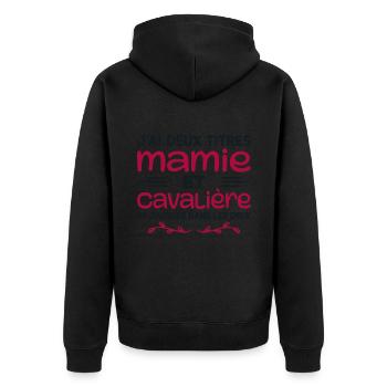 Zwei Titel Granny Rider | Oma | Pferd - Unisex Premium Bio Zip Hoodie - Schwarz - Hinten - Nico (187cm)
