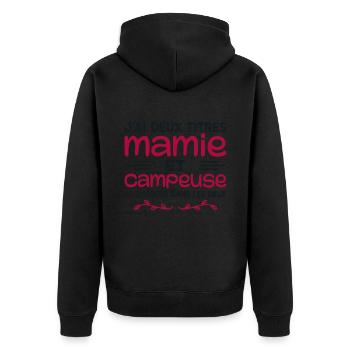 Zwei Titel Granny Camper | Oma | Camping - Unisex Premium Bio Zip Hoodie - Schwarz - Hinten - Nico (187cm)