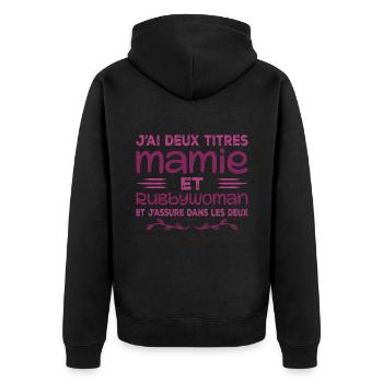 Zwei Granny Rugbywoman-Titel | Oma, Rugby - Unisex Premium Bio Zip Hoodie - Schwarz - Hinten - Nico (187cm)