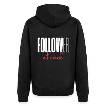Follower at work - Unisex Premium Organic Zip Hoodie - black - Back - Nico (187cm)
