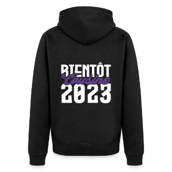 Cadeau Annonce grossesse bientôt Cousine 2023. - Veste à capuche bio Premium Unisexe - noir - Dos - Nico (187cm)
